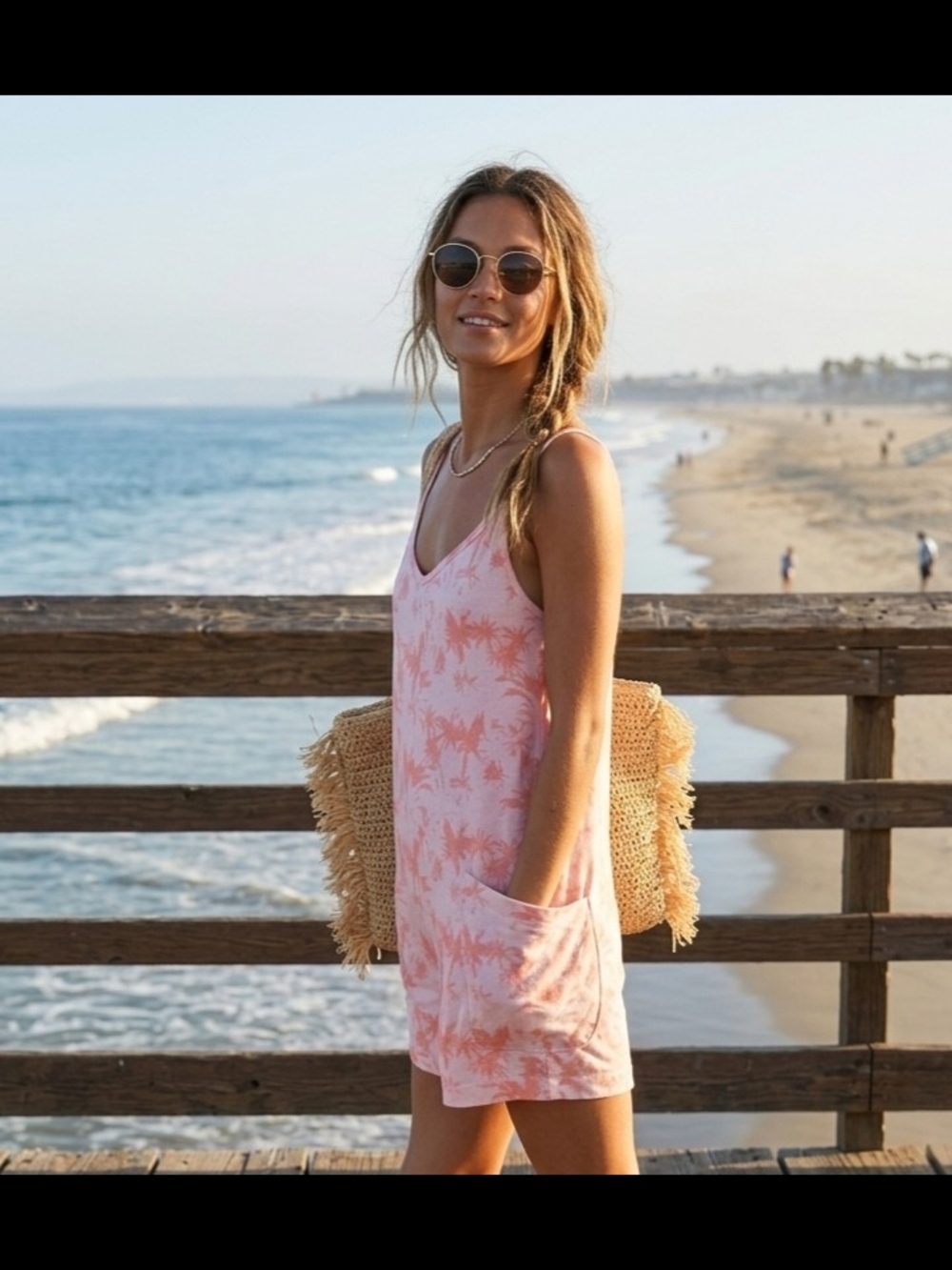 Casual Pink Palm Tree Print Spaghetti-Strap Romper with Pockets